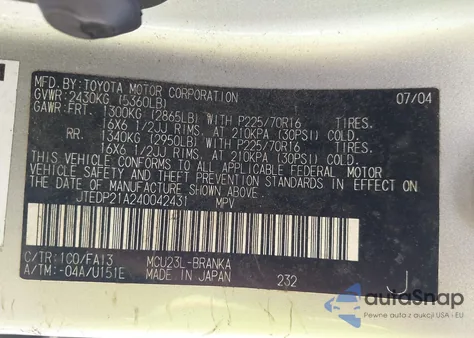 2004 Toyota Highlander V6 из США, поврежденный, VIN JTEDP21A240042431